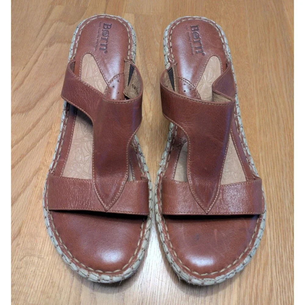 Born Drillers Sandals Womens 9 40.5 M W Brown Leather Espadrille Wedge Open Toe